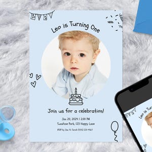 Personaliseerbare sjabloon uitnodiging 1e verjaardag • 5 x 7" + A6-formaten • Tekst en foto bewerken • Aanpassen in browser (canva) • Afdrukken of online delen