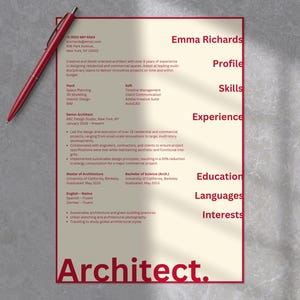 Plantilla de currículum de arquitecto para Canva • CV de 1 página • CV de 2 páginas • Carta de presentación • Tamaños Carta de EE. UU. y A4