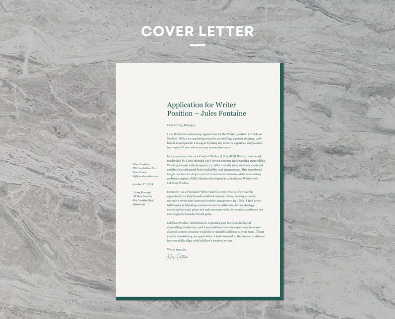 May include: A cover letter for a Writer position at Ink Flow Media. The letter is addressed to Dear Hiring Manager and is signed by Jules Fontaine.