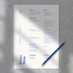 Modelo de currículo Arquiteto de interiores para Canva • CV de 1 página • CV de 2 páginas • Carta de apresentação • Tamanhos US Letter e A4