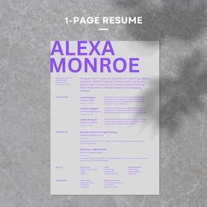 May include: A one-page resume for Alexa Monroe, a designer with 7 years of experience in branding, digital, and print. The resume highlights her skills in Adobe Creative Suite, Figma, and Sketch, with a focus on UI/UX and visual storytelling. It also lists her experience as a Lead Designer, Graphic Designer, and Junior Designer.