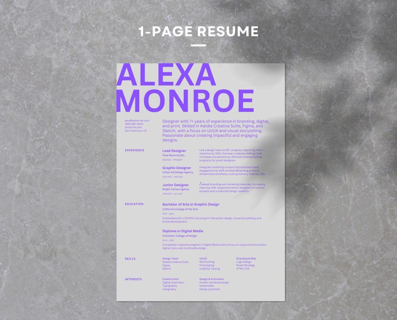 May include: A one-page resume for Alexa Monroe, a designer with 7 years of experience in branding, digital, and print. The resume highlights her skills in Adobe Creative Suite, Figma, and Sketch, with a focus on UI/UX and visual storytelling. It also lists her experience as a Lead Designer, Graphic Designer, and Junior Designer.