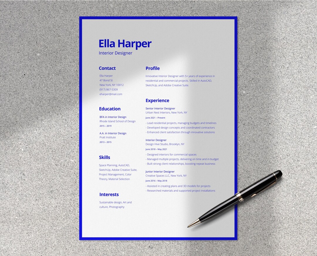 Interior Designer Resume Template: Minimalist Canva CV (US Letter & A4 ...