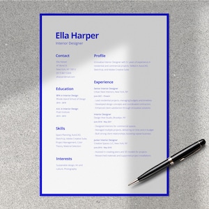 Plantilla de currículum minimalista para diseñador de interiores • Editable en Canva • Diseño de 1 página + 2 páginas + carta de presentación • Tamaños Carta de EE. UU. y A4