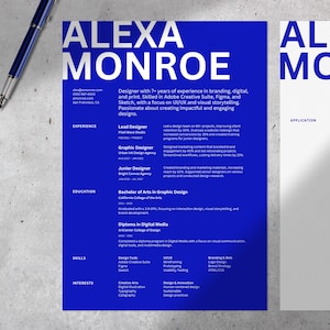 Modelo de currículo azul moderno • Editável no navegador • CV de 1 página + 2 páginas + Carta de apresentação correspondente • Tamanhos US Letter + A4 • Modelo Canva