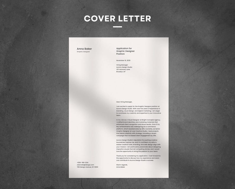 Op de afbeelding: Een sollicitatiebrief voor een functie als grafisch ontwerper. De brief is gericht aan de hiring manager van Aurora Design Studio. De brief is gedateerd 18 november 2020.