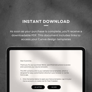Op de afbeelding: Een computerscherm met een bericht over het direct downloaden van een Canva-ontwerptemplate. Het bericht luidt: "Zodra uw aankoop is voltooid, ontvangt u een downloadbare PDF. Dit document bevat links om toegang te krijgen tot uw Canva-ontwerptemplates." Het bericht bevat ook instructies over hoe u toegang krijgt tot de template.