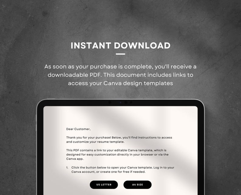 Op de afbeelding: Een computerscherm met een bericht over het direct downloaden van een Canva-ontwerptemplate. Het bericht luidt: "Zodra uw aankoop is voltooid, ontvangt u een downloadbare PDF. Dit document bevat links om toegang te krijgen tot uw Canva-ontwerptemplates." Het bericht bevat ook instructies over hoe u toegang krijgt tot de template.