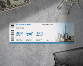 May include: A blue and white boarding pass with the text "BOARDING PASS" and "ECONOMY CLASS". The pass is for a flight from Berlin (BER) to New York (JFK) on January 1, 2025. The flight number is AB123 and the seat number is 12A.