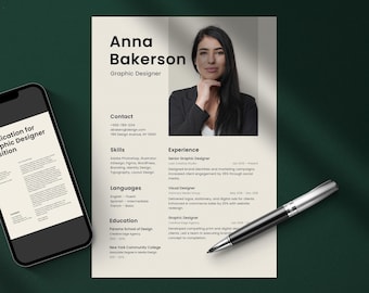 May include: A resume for a graphic designer, featuring a headshot, contact information, skills, and experience. A smartphone displays a job application. A pen rests on the resume, which is on a dark green surface.