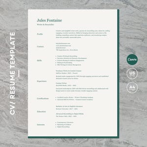 May include: A white resume template with a green border. The resume is for Jules Fontaine, Writer & Storyteller. The resume includes sections for Profile, Contact, Skills, Experience, Certifications, Education, and Interests.