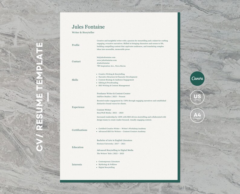 May include: A white resume template with a green border. The resume is for Jules Fontaine, Writer & Storyteller. The resume includes sections for Profile, Contact, Skills, Experience, Certifications, Education, and Interests.