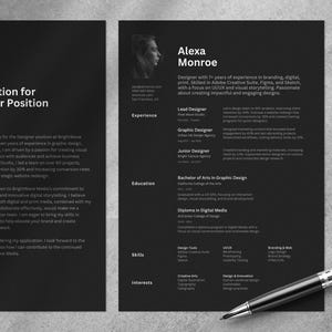 Plantilla de CV moderna en negro con foto • Diseño de CV en negro • CV de 1 página + 2 páginas + carta de presentación • Tamaños carta EE. UU. + A4 • Editable en Canva