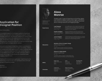 May include: Black and white resume with a photo of Alexa Monroe, a graphic designer with 7 years of experience. The resume lists her skills, experience, and education. The text "Application for Designer Position" is at the top of the page.