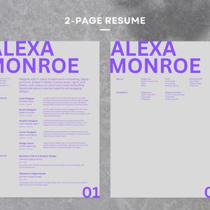May include: A two-page resume for Alexa Monroe, a graphic designer with 2 years of experience in branding, digital, and print. The resume lists her skills, interests, and experience in a clean, modern design with a purple and gray color scheme.