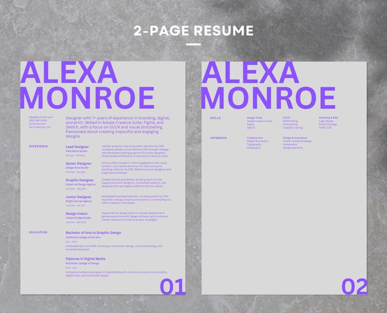 May include: A two-page resume for Alexa Monroe, a graphic designer with 2 years of experience in branding, digital, and print. The resume lists her skills, interests, and experience in a clean, modern design with a purple and gray color scheme.