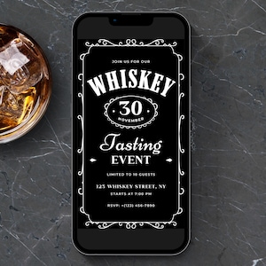 Bewerkbare sjabloon uitnodiging whiskyproeverij evenement • 16:9 digitaal formaat • Aanpassen in browser (canva) • Download pdf, afbeelding • Online delen