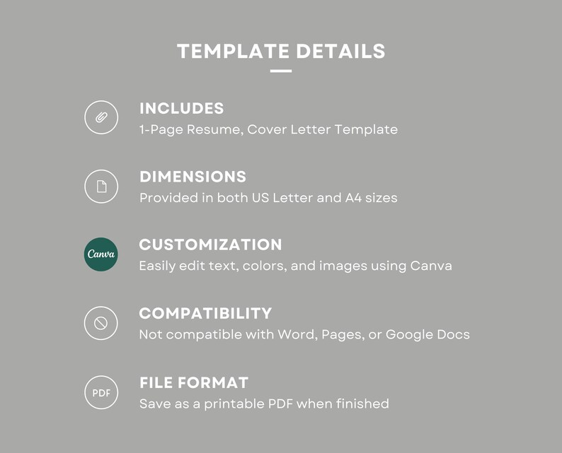 May include: A graphic showing the details of a resume and cover letter template. The template includes a 1-page resume, cover letter, and is compatible with Canva. The template is available in US Letter and A4 sizes and can be saved as a printable PDF.