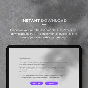 May include: A screenshot of a tablet displaying a PDF document with instructions on how to access and customize a Canva resume template. The document includes a link to the editable Canva template, which can be accessed directly in a web browser or via the Canva app. The document also includes instructions on how to log in to a Canva account or create a free account.