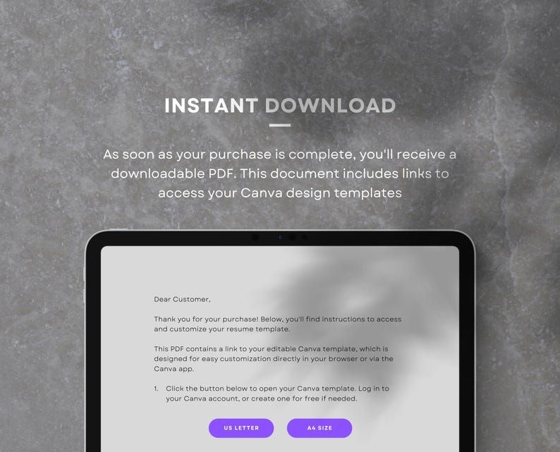 May include: A screenshot of a tablet displaying a PDF document with instructions on how to access and customize a Canva resume template. The document includes a link to the editable Canva template, which can be accessed directly in a web browser or via the Canva app. The document also includes instructions on how to log in to a Canva account or create a free account.
