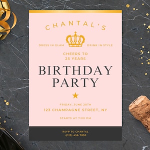 Aanpasbare sjabloon verjaardagskaart champagneflesetiket • 5 x 7" + A6-formaten • Naam, leeftijd en kleuren in browser bewerken (canva) • Afdrukken of delen