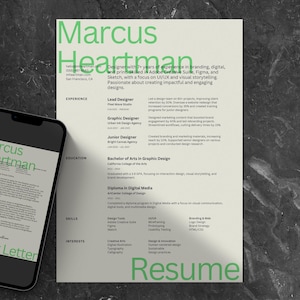 Plantilla de CV creativa para Canva • CV creativo • Editable en el navegador • CV de 1 página, 2 páginas + carta de presentación correspondiente • Tamaño carta de EE. UU. + A4