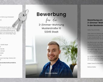 Wohnungsbewerbung para solteiros • profissionais Canva-Vorlage • Deckblatt, Anschreiben, Mieterselbstauskunft, Kurzprofil, Anlagenverzeichnis