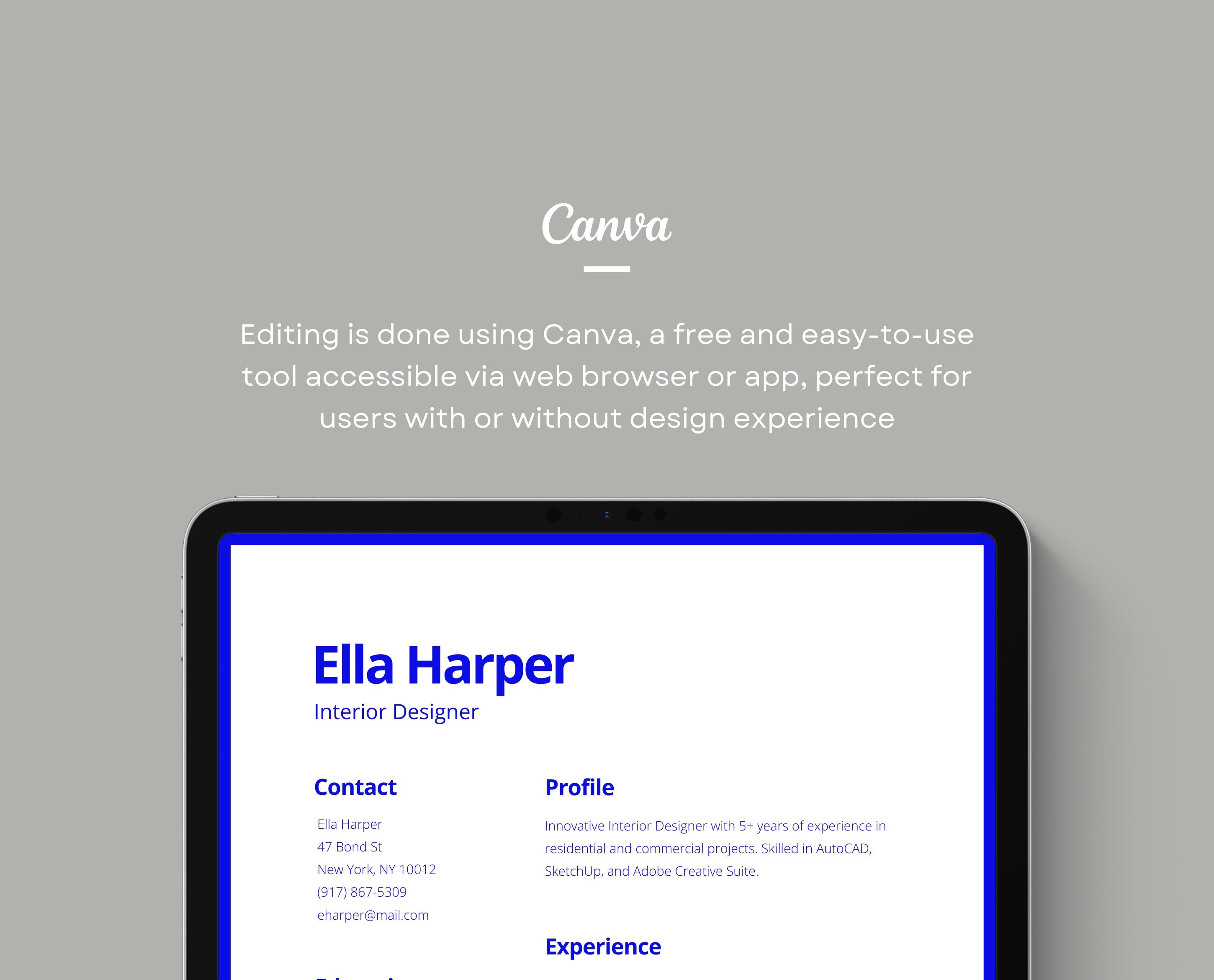 Interior Designer Resume Template: Minimalist Canva CV (US Letter & A4 ...