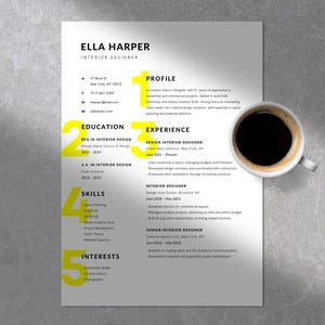 Modelo de currículo Designer de interiores para Canva • CV de 1 página • CV de 2 páginas • Carta de apresentação • Tamanhos US Letter e A4