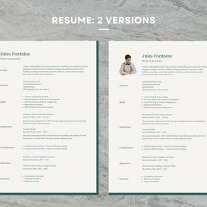 May include: A two-page resume for Jules Fontaine, a writer and storyteller. The resume is formatted with a green and white color scheme and includes sections for profile, contact, skills, experience, certifications, education, and interests.