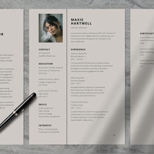 Plantilla de currículum minimalista con foto • Diseño de 1 página + 2 páginas • Carta de presentación • Tamaño carta de EE. UU. y A4 • Editable en el navegador • Plantilla Canva