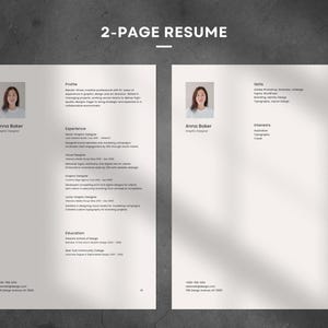Op de afbeelding: Een cv van twee pagina's voor Anna Baker, grafisch ontwerper. De cv bevat een profiel, ervaring, opleiding, vaardigheden en interesses. De cv is ontworpen in een minimalistische stijl met een witte achtergrond en zwarte tekst.