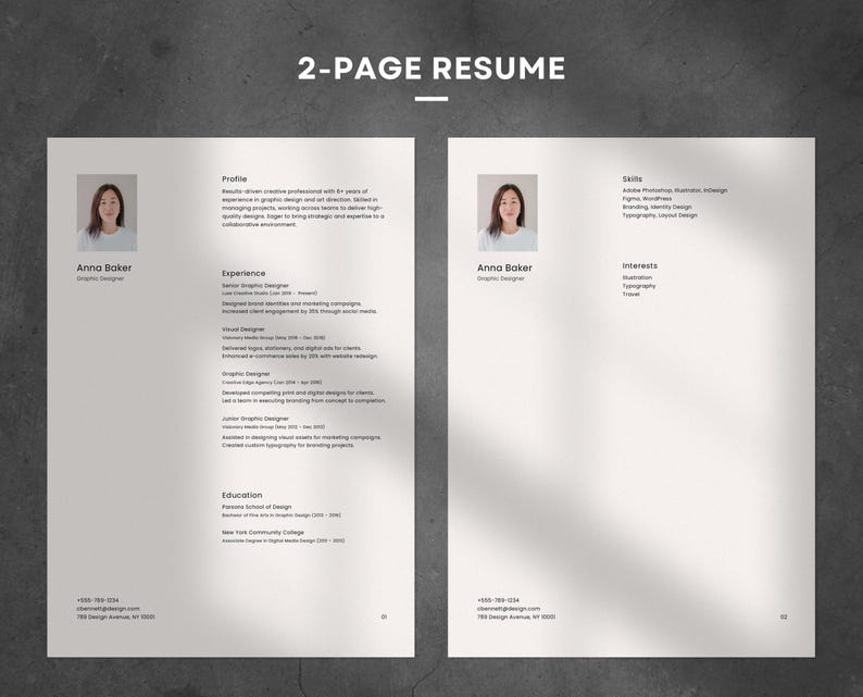 Op de afbeelding: Een cv van twee pagina's voor Anna Baker, grafisch ontwerper. De cv bevat een profiel, ervaring, opleiding, vaardigheden en interesses. De cv is ontworpen in een minimalistische stijl met een witte achtergrond en zwarte tekst.