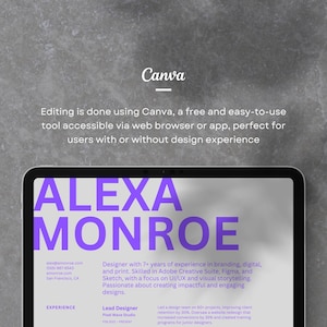 May include: A screenshot of a website with a purple and white design. The text "ALEXA MONROE" is displayed in a large, bold font. The text "Designer with 7+ years of experience in branding, digital, and print. Skilled in Adobe Creative Suite, Figma, and Sketch, with a focus on UI/UX and visual storytelling. Passionate about creating impactful and engaging designs." is displayed below the name. The text "EXPERIENCE" is displayed below the description. The text "Lead Designer" is displayed below "EXPERIENCE". The text "Fleet Wave Studio" is displayed below "Lead Designer". The text "Led a design team on 60+ projects, improving event registration by 30%.  Overhauled a website design that increased conversions by 20% and created training programs for junior designers." is displayed below "Fleet Wave Studio".