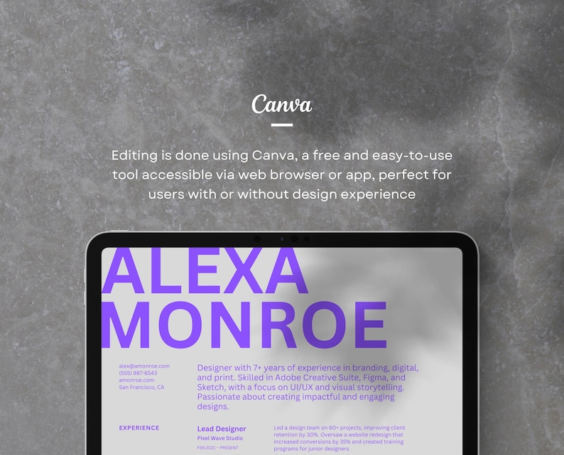 May include: A screenshot of a website with a purple and white design. The text "ALEXA MONROE" is displayed in a large, bold font. The text "Designer with 7+ years of experience in branding, digital, and print. Skilled in Adobe Creative Suite, Figma, and Sketch, with a focus on UI/UX and visual storytelling. Passionate about creating impactful and engaging designs." is displayed below the name. The text "EXPERIENCE" is displayed below the description. The text "Lead Designer" is displayed below "EXPERIENCE". The text "Fleet Wave Studio" is displayed below "Lead Designer". The text "Led a design team on 60+ projects, improving event registration by 30%.  Overhauled a website design that increased conversions by 20% and created training programs for junior designers." is displayed below "Fleet Wave Studio".