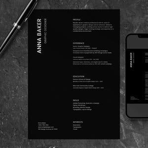 Plantilla de CV minimalista en negro • CV de 1 página + 2 páginas + carta de presentación • Editable en el navegador (Canva) • Descarga instantánea • Tamaños Carta EE. UU. + A4