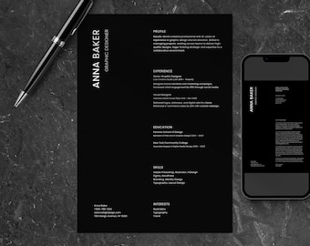 Minimalist Black Resume Template: Editable Canva CV + Cover Letter (Instant Download)
