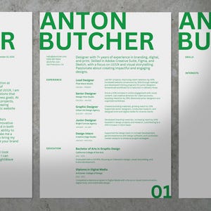 Può includere: Un curriculum vitae bianco con testo verde che evidenzia il nome Anton Butcher. Il curriculum elenca l'esperienza, le competenze e gli interessi. Il curriculum è numerato 01 nell'angolo in basso a destra.