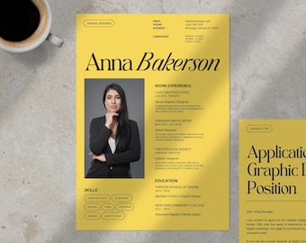 May include: A yellow resume with the name "Anna Bakerson" in large, elegant font. The resume includes a photo, work experience, skills, and education. A cover letter is also visible. A cup of coffee is in the upper left corner.