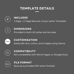 Op de afbeelding: Een grafiek die de details van een cv-sjabloon laat zien. Het sjabloon bevat een cv van &eacute;&eacute;n pagina en een cv van twee pagina's, evenals een sollicitatiebrief. Het sjabloon is compatibel met Canva en kan worden opgeslagen als een afdrukbaar PDF-bestand.
