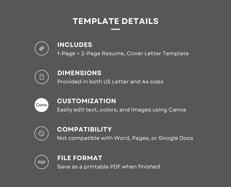Op de afbeelding: Een grafiek die de details van een cv-sjabloon laat zien. Het sjabloon bevat een cv van &eacute;&eacute;n pagina en een cv van twee pagina's, evenals een sollicitatiebrief. Het sjabloon is compatibel met Canva en kan worden opgeslagen als een afdrukbaar PDF-bestand.