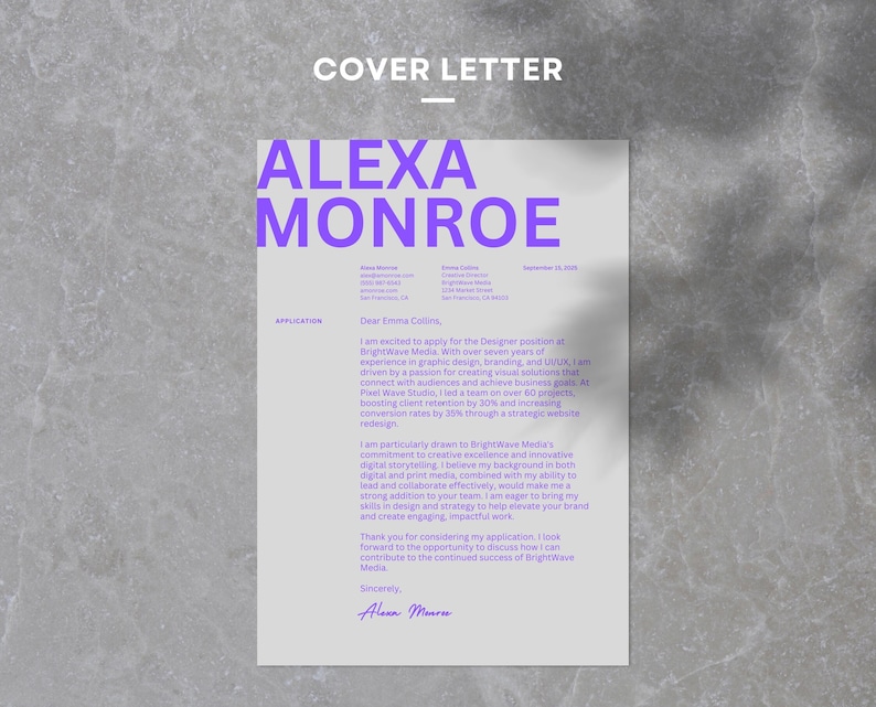 May include: A cover letter for a job application. The letter is addressed to Emma Collins and is signed by Alexa Monroe. The letter is written in a professional font and is formatted in a standard business letter style.