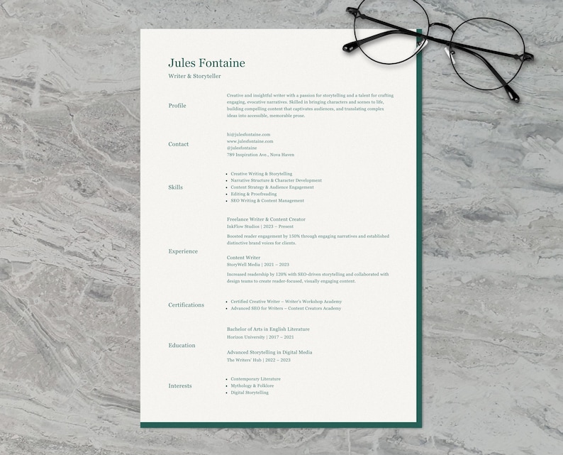 May include: A resume for Jules Fontaine, a writer and storyteller. The resume lists their skills, experience, certifications, education, and interests. The resume is printed on white paper with a green border.