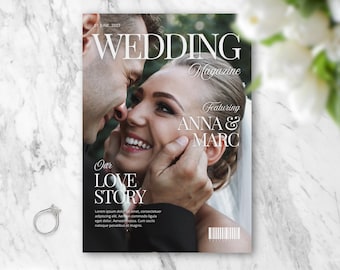 May include: A wedding magazine cover featuring a smiling couple, with the text "WEDDING Magazine Featuring ANNA & MARC" and "Our LOVE STORY". A diamond ring is in the lower left corner. The background is a marble pattern.