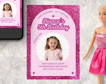 Customizable Pink Barbie Birthday Invitation (Canva, Digital Download)