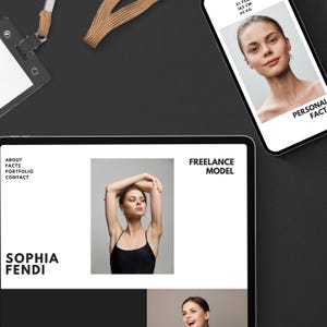 Può includere: Un tablet e uno smartphone che mostrano il portfolio di una modella. Il tablet mostra il nome "SOPHIA FENDI" e le parole "ABOUT, FACTS, PORTFOLIO, CONTACT". Lo smartphone mostra "PERSONAL FACTS" e l'altezza della modella di 185 cm e il peso di 45 kg.