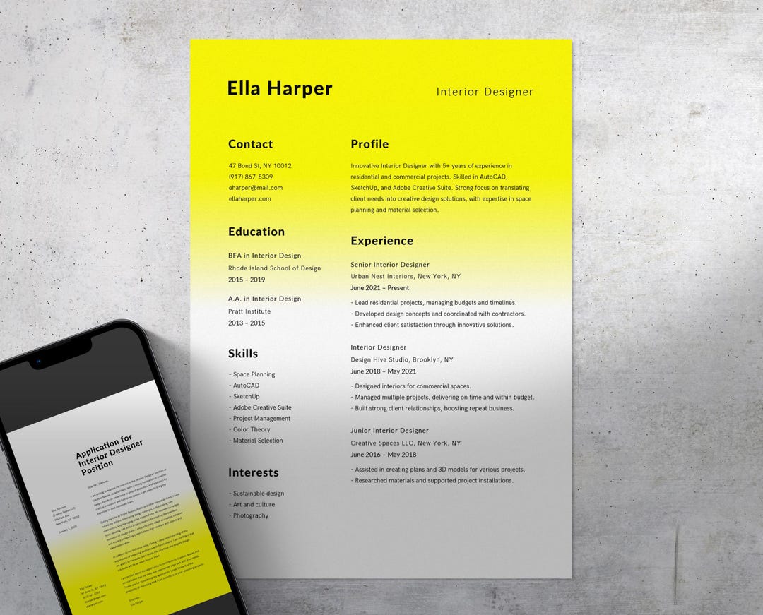 Interior Designer Resume Template: Editable Canva CV With Cover Letter ...