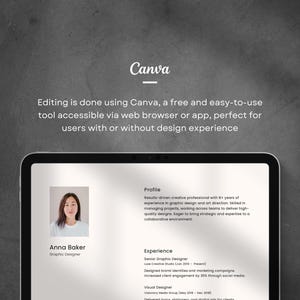 Op de afbeelding: Een screenshot van een computerscherm met een cv voor Anna Baker, een grafisch ontwerper. Het cv bevat een profielsectie, een ervaringssectie en een foto van Anna Baker. De tekst op het scherm luidt: "Bewerken gebeurt met Canva, een gratis en gebruiksvriendelijke tool die toegankelijk is via een webbrowser of app, perfect voor gebruikers met of zonder ontwerp ervaring."