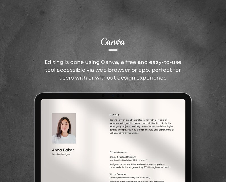 Op de afbeelding: Een screenshot van een computerscherm met een cv voor Anna Baker, een grafisch ontwerper. Het cv bevat een profielsectie, een ervaringssectie en een foto van Anna Baker. De tekst op het scherm luidt: "Bewerken gebeurt met Canva, een gratis en gebruiksvriendelijke tool die toegankelijk is via een webbrowser of app, perfect voor gebruikers met of zonder ontwerp ervaring."