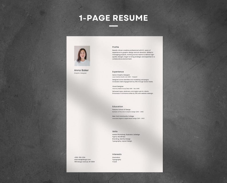 Op de afbeelding: Een cv van &eacute;&eacute;n pagina voor Anna Baker, een grafisch ontwerper. Het cv bevat een profiel, ervaring, opleiding, vaardigheden en interesses. Het cv is opgemaakt met een eenvoudig, schoon ontwerp.